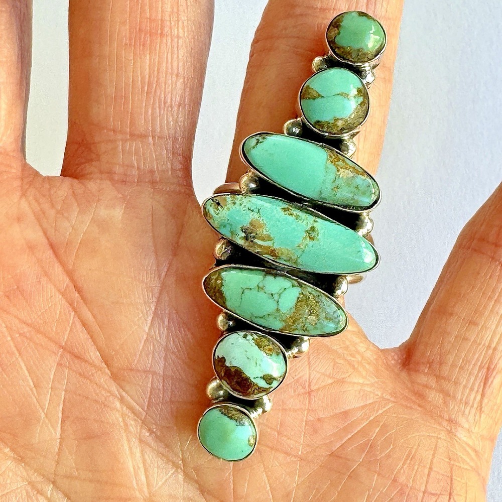 Long Turquoise Navajo Ring Sz 9 Sterling Delgarito Big Native American MCM Style